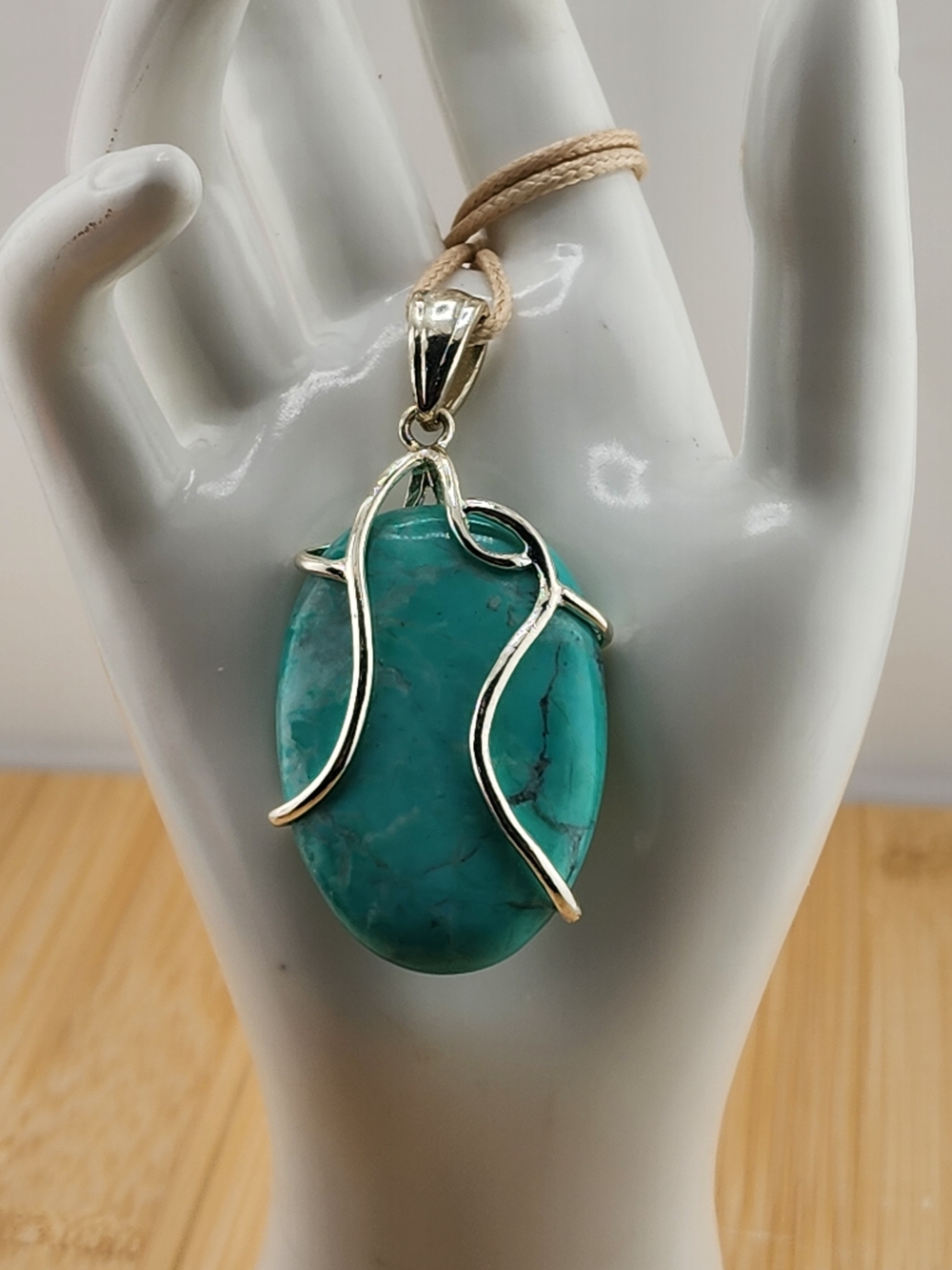 Silver Tone Wrapped Turquoise Pendant Necklace - Teal Blue